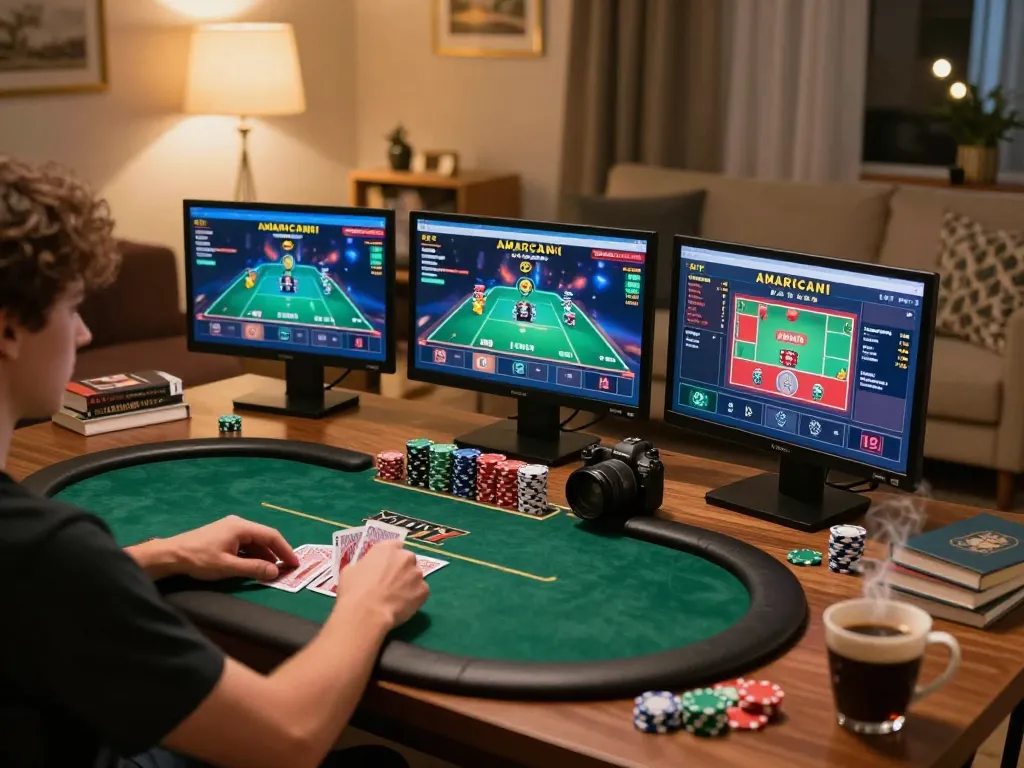 Engaging with casino online americani during an intense online poker session at home, showcasing cards and chips.