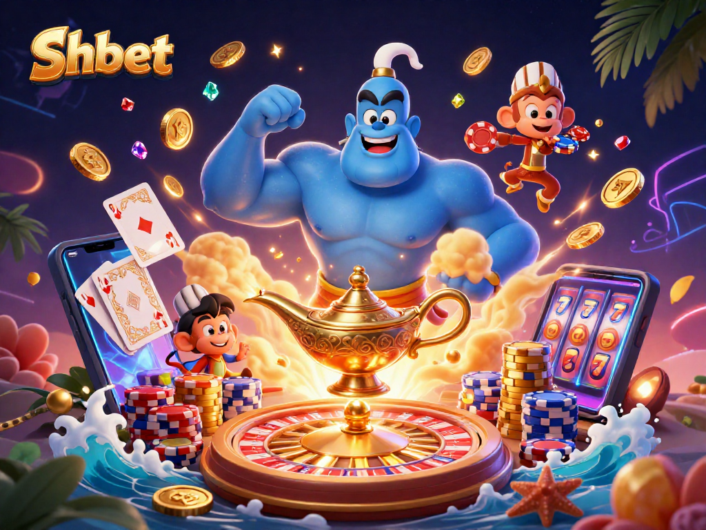 Experience shbet with a dynamic scene featuring a genie, monkey, and casino elements.