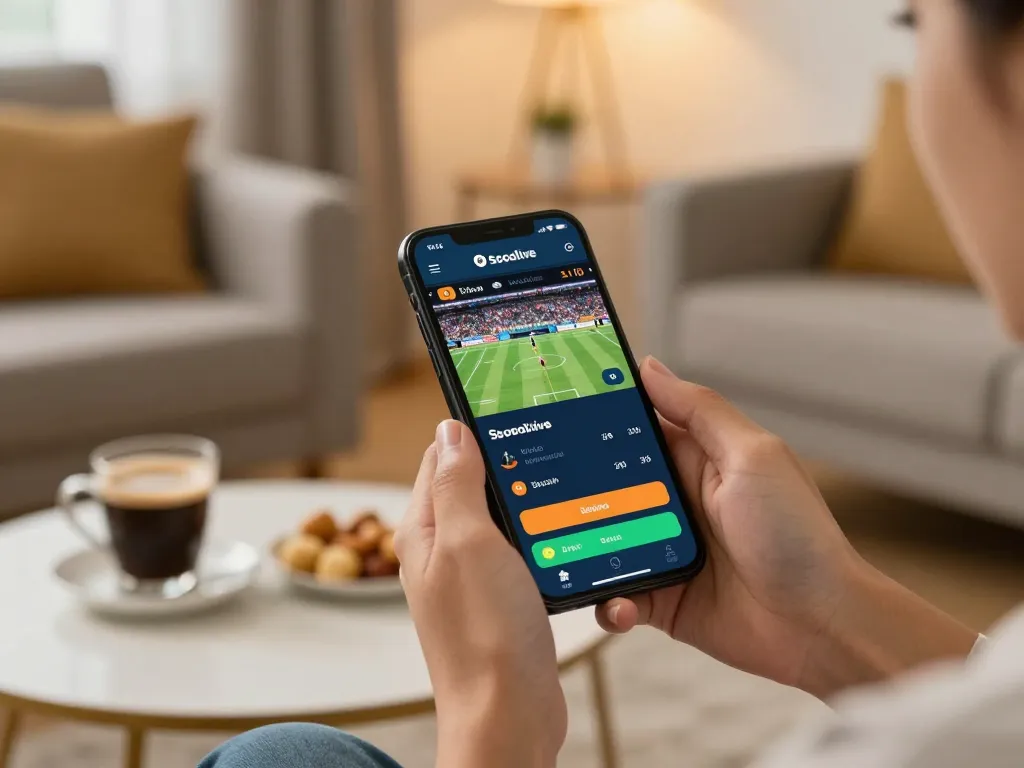 Socolive app in use for engaging sports betting, showcasing live match visuals in a cozy home setting.