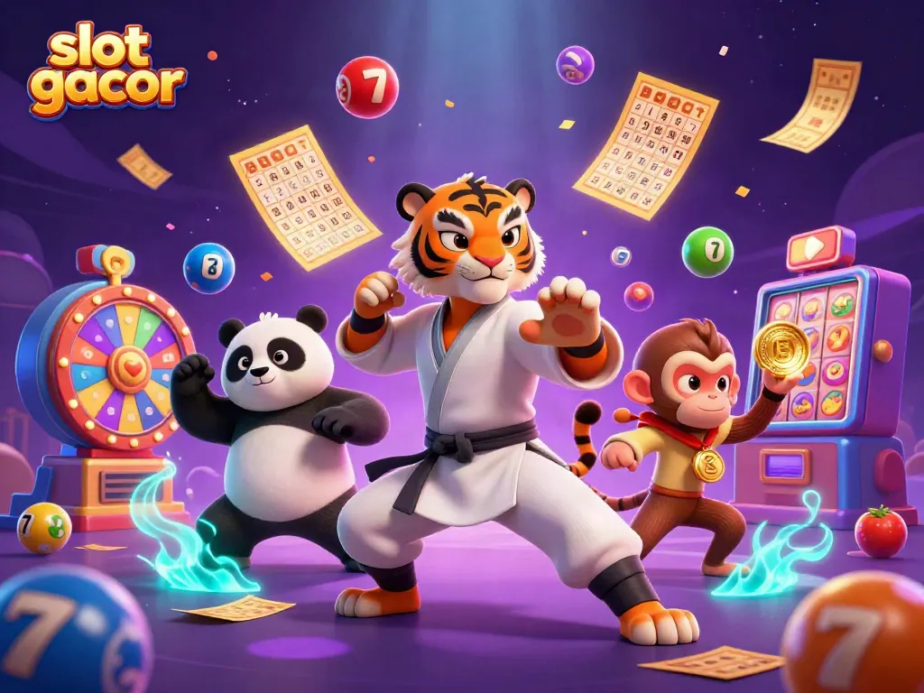 Slot gacor menampilkan tiger master dan panda, dikelilingi bola lotere berwarna-warni.