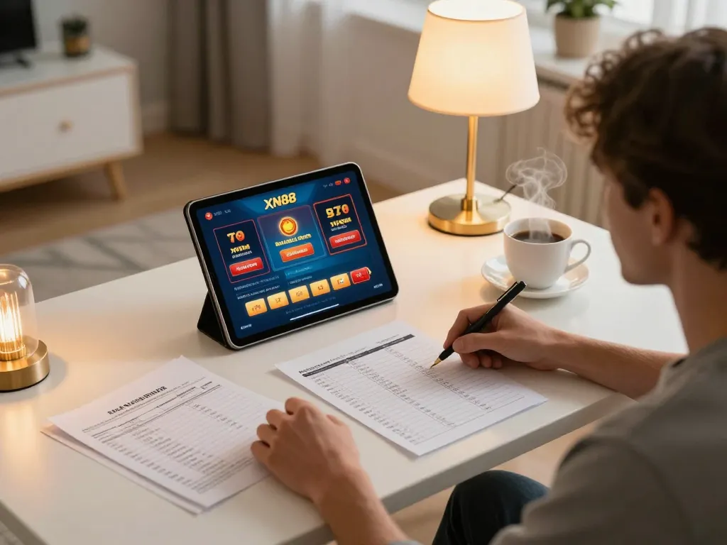 Engaging with XN88 online casino on a tablet during a cozy evening