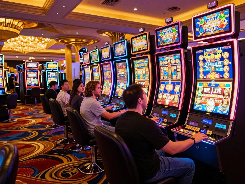 Players enjoying slot machines in a colorful Las Vegas casino, celebrating wins and vibrant lights.
