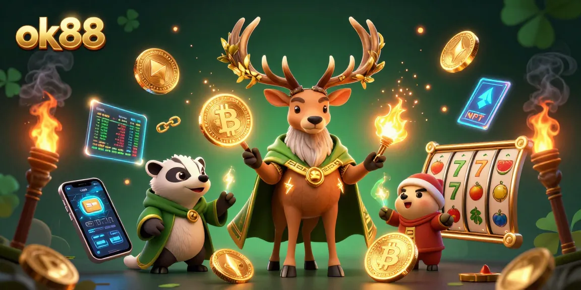 Spin the reels with ok88's magical druid and badger amidst Bitcoin riches and vibrant casino elements.