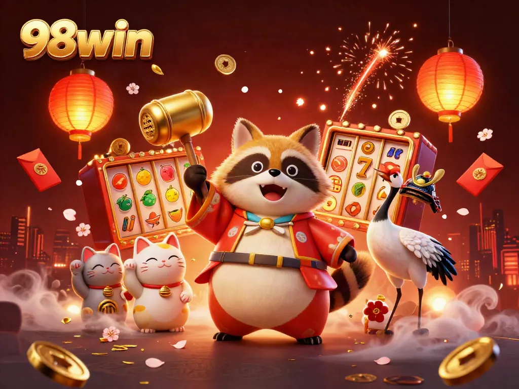 Join the fun with 98win's animated characters in a vibrant casino atmosphere celebrating luck and fortune.