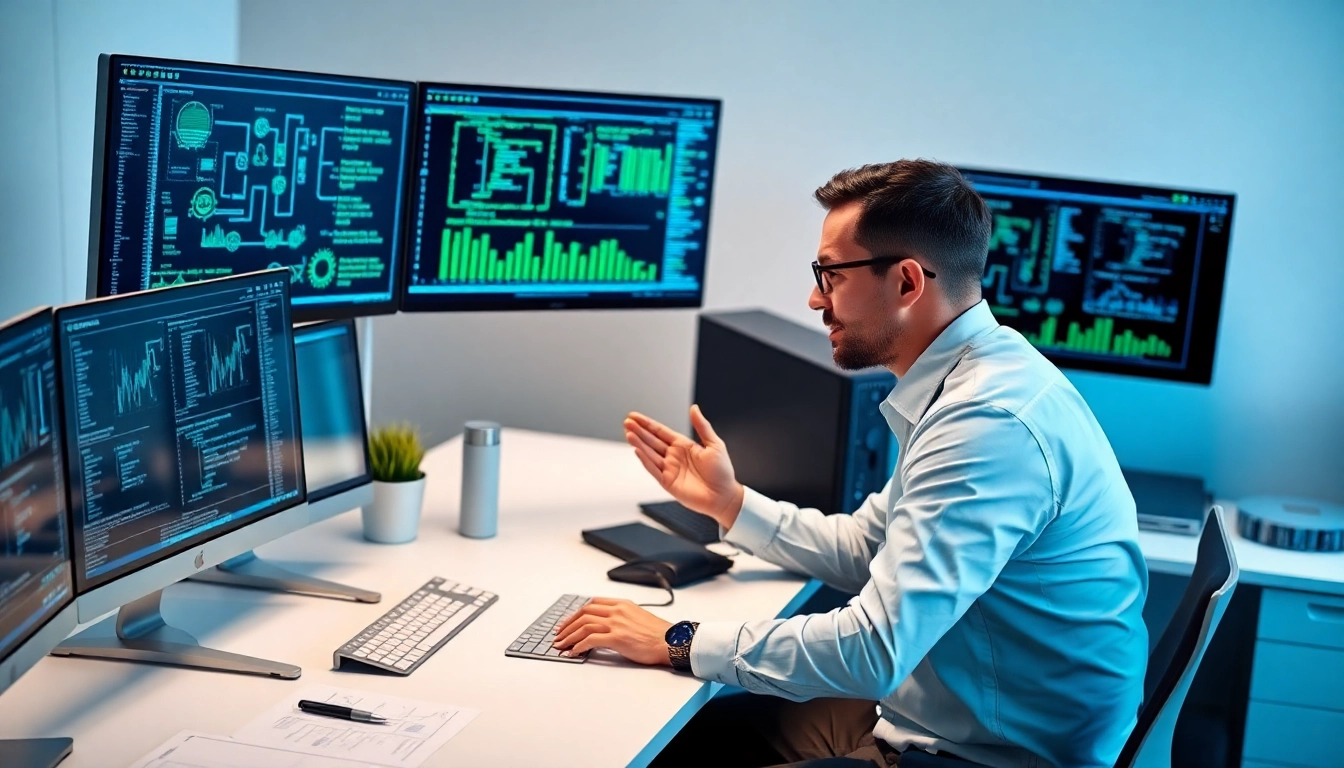 Analyze network management solutions in a high-tech office with modern data visuals.