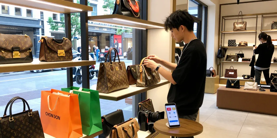 Stylish shopper exploring a 레플리카 쇼핑몰 with vibrant luxury items around.