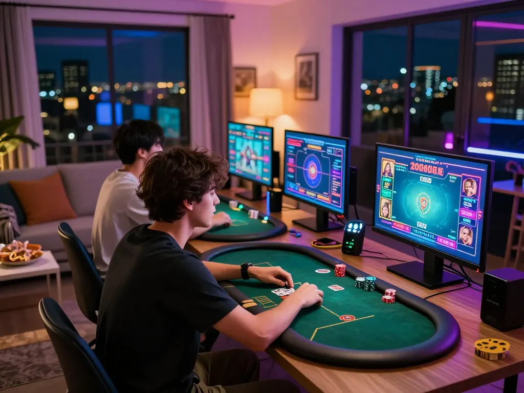 Engaged player strategizing in the TG88 online casino poker game at home with modern setup