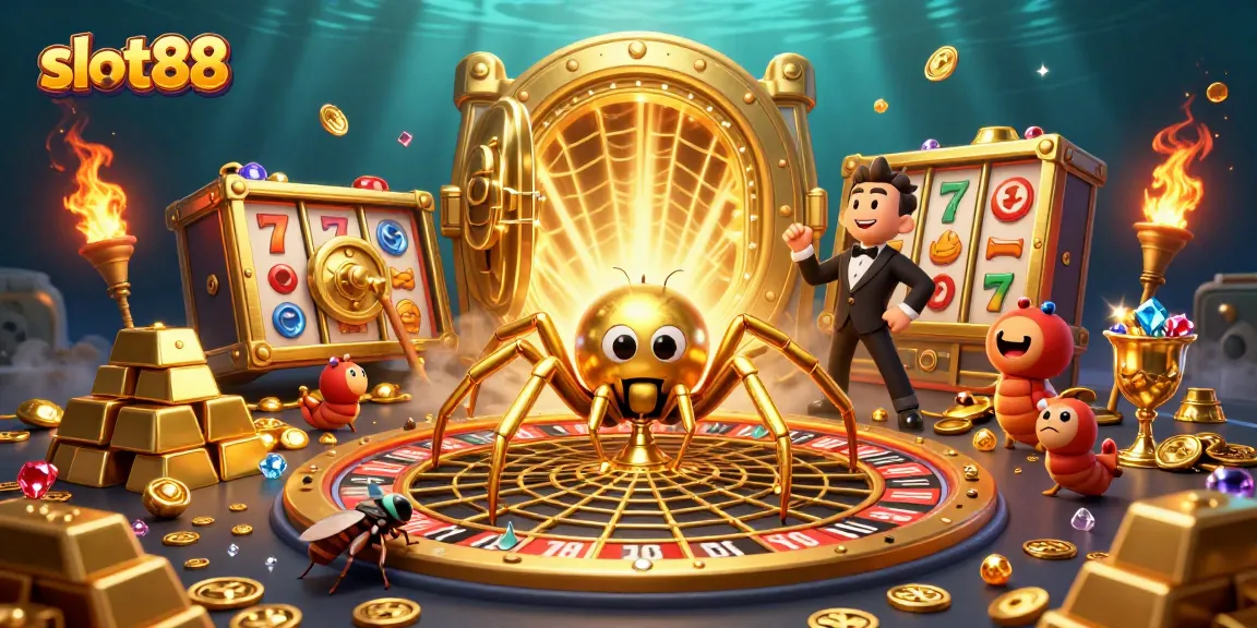 Engage in thrilling slot88 gaming adventures with a golden spider and centipede croupier spinning for wins!