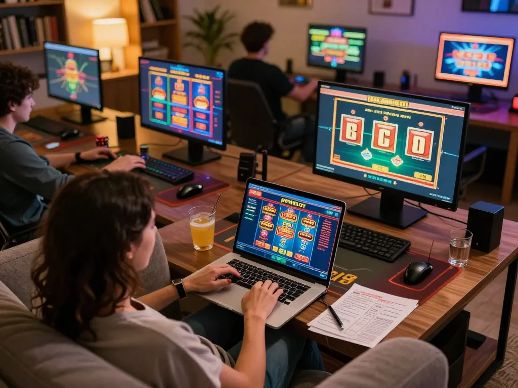 Engaging in a powernet slot game on a laptop in a cozy home setting, with strategic notes and drinks.