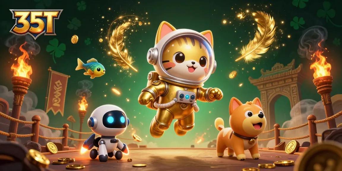 Experience gaming adventures with 35T; a floating cat and robot dog lead the cosmic fun.