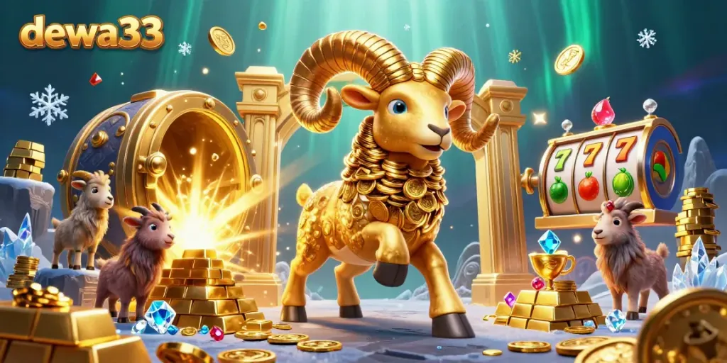 Dewa33 presents a vibrant slot gaming scene featuring a golden ram charging at a treasure vault, full of jewels and gold.