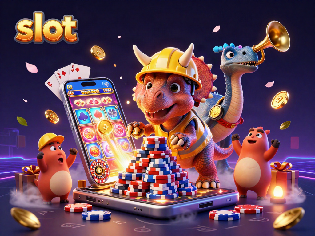 Engage with exciting slot gameplay as a triceratops builds poker chip towers.