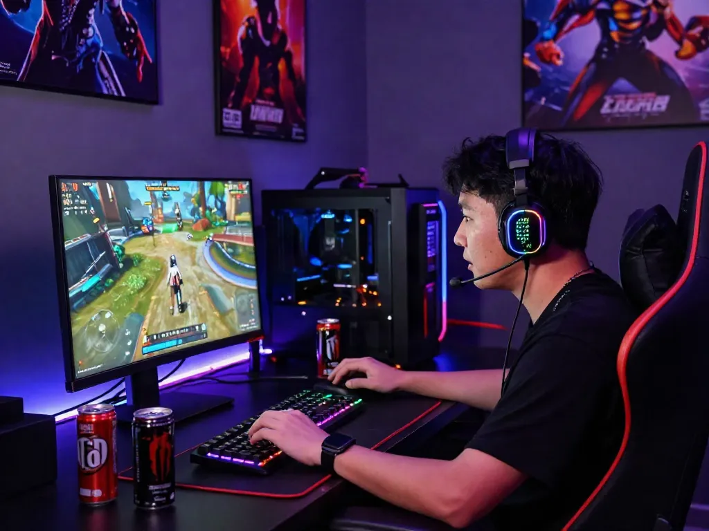 Gamer fokus bermain diana4d di ruang permainan dengan pencahayaan RGB dan dekorasi poster.