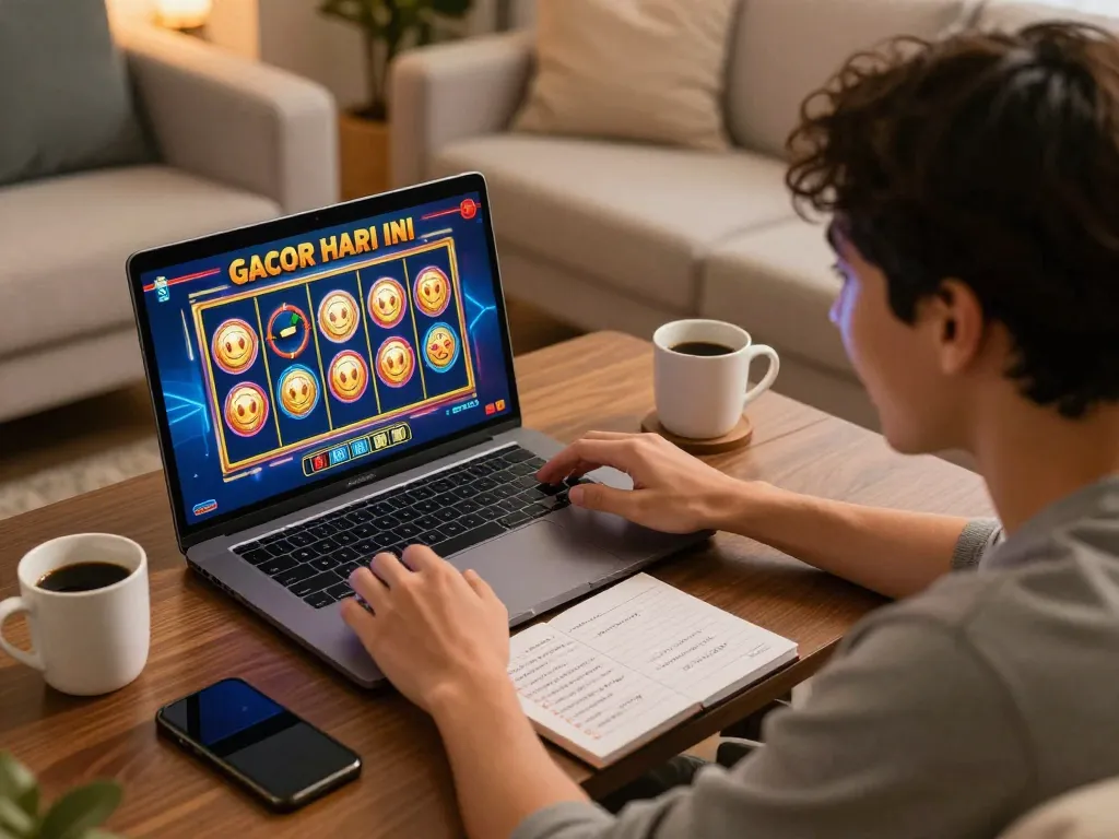 Player enjoying slot gacor hari ini game online, showcasing excitement in a cozy setting.