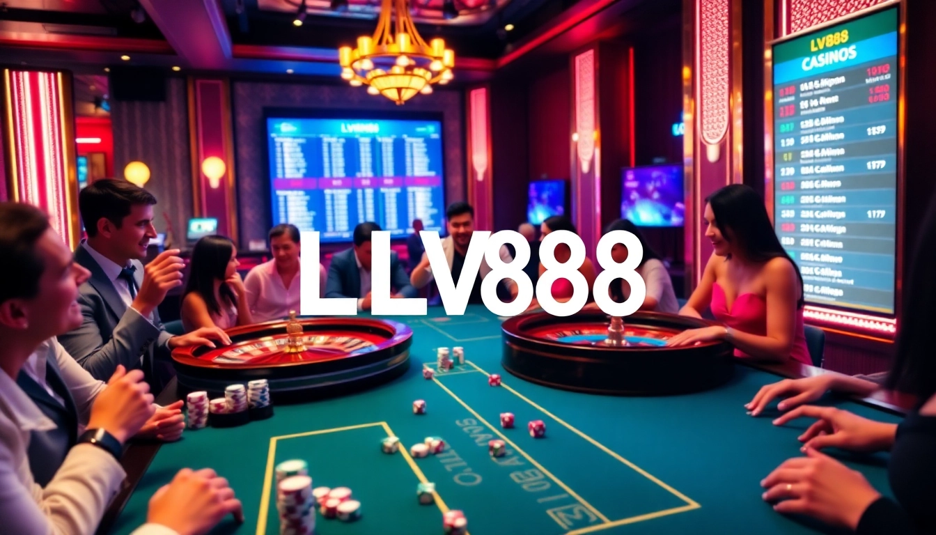 Experience the thrill of LV88 with a vibrant casino scene featuring colorful poker chips and roulette.