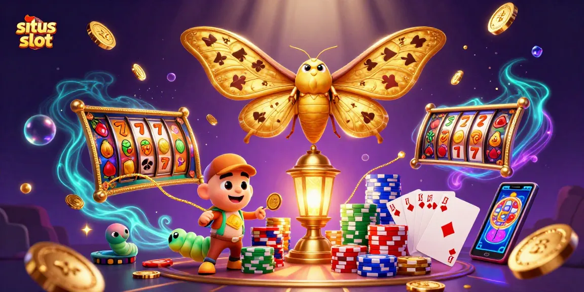 Menang di situs slot sambil dikelilingi kupu-kupu emas dan koin bersinar.
