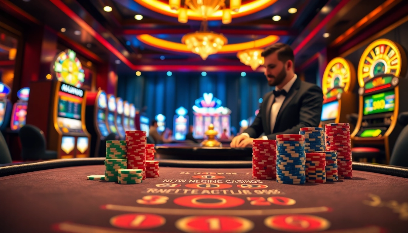 Players enjoying high-stakes blackjack at a luxurious casino featuring jagoan86 themed decor and vibrant chips.