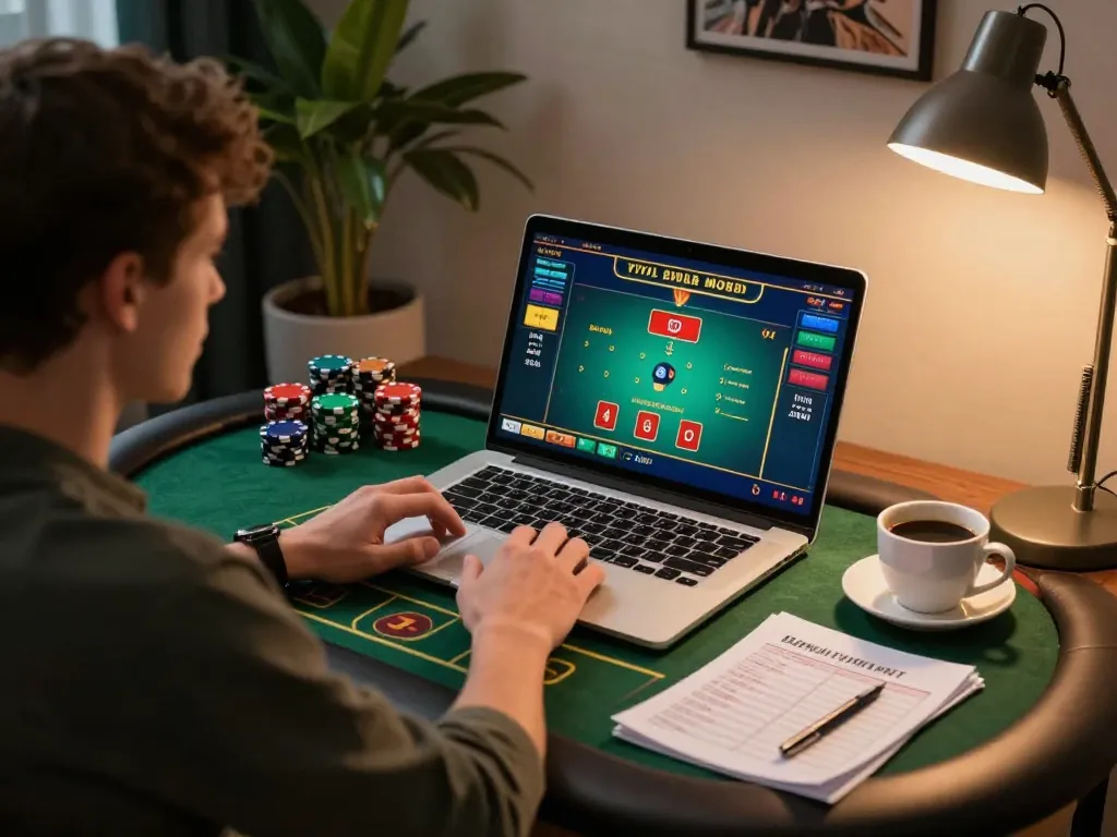 Player engaging with winstrike69 blackjack game online, showcasing strategic gameplay and home entertainment setup.