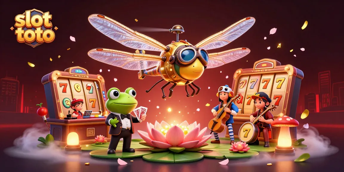 Engage with slot toto at a vibrant lily pad casino with 3D characters and festive game elements.