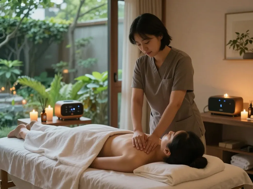 Serene 서초스웨디시 spa massage scene with therapist, warm ambiance, and calming elements.