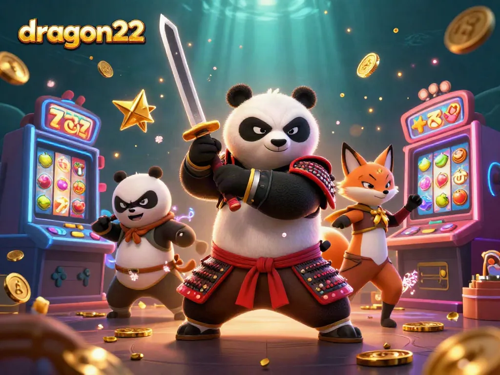 Experience the thrill of gaming with dragon222's dynamic casino scene featuring action-packed characters and slot machines.