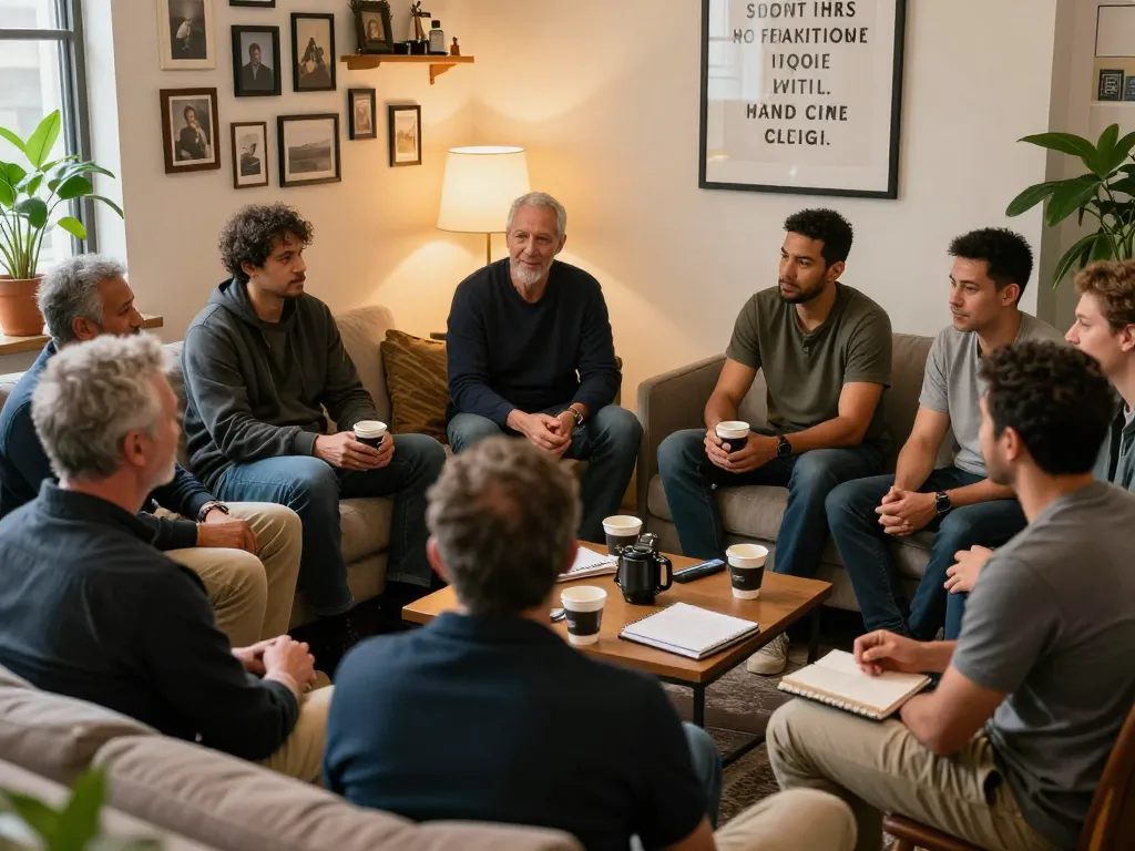 Men connecting in a supportive atmosphere at a man club gathering.