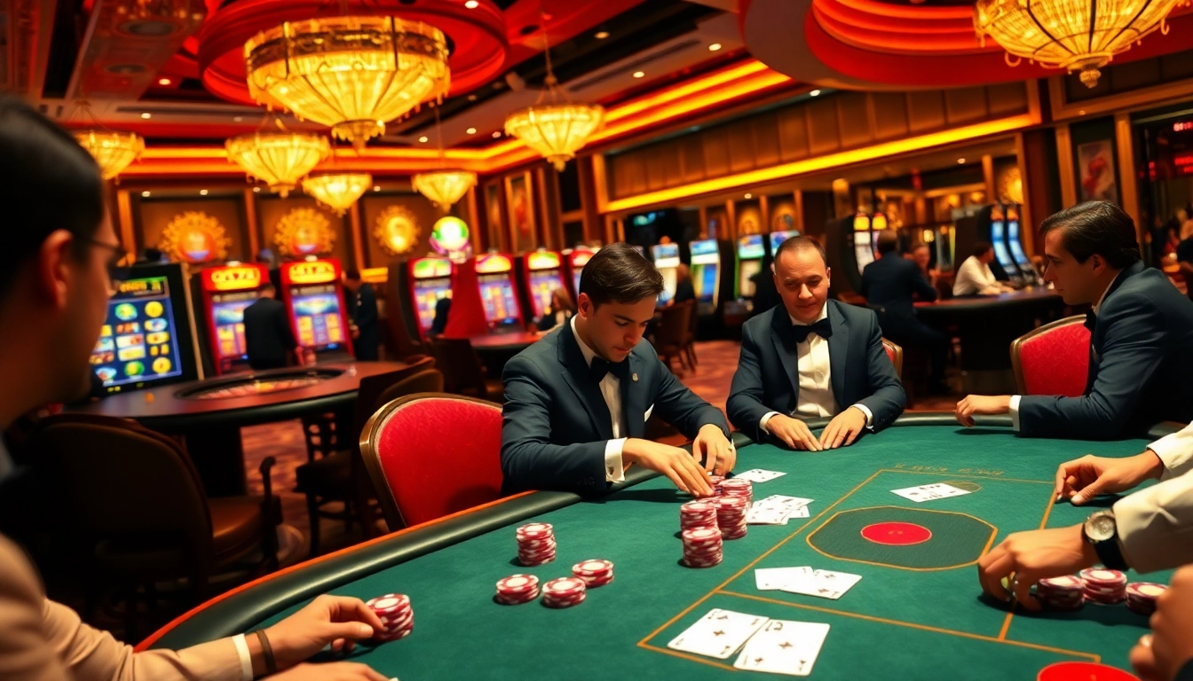 Experience the excitement of dining and gambling at god345.co with vibrant poker tables and lively slot machines.