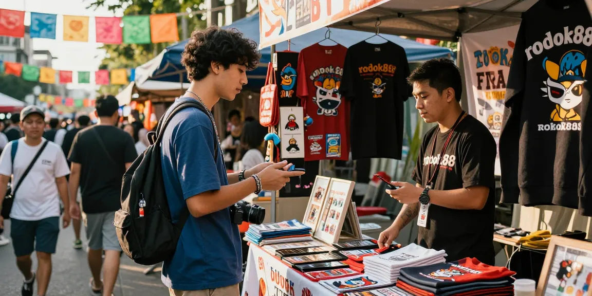 Youth exploring rokok88 merchandise at a vibrant street market, engaging with vendor displays.