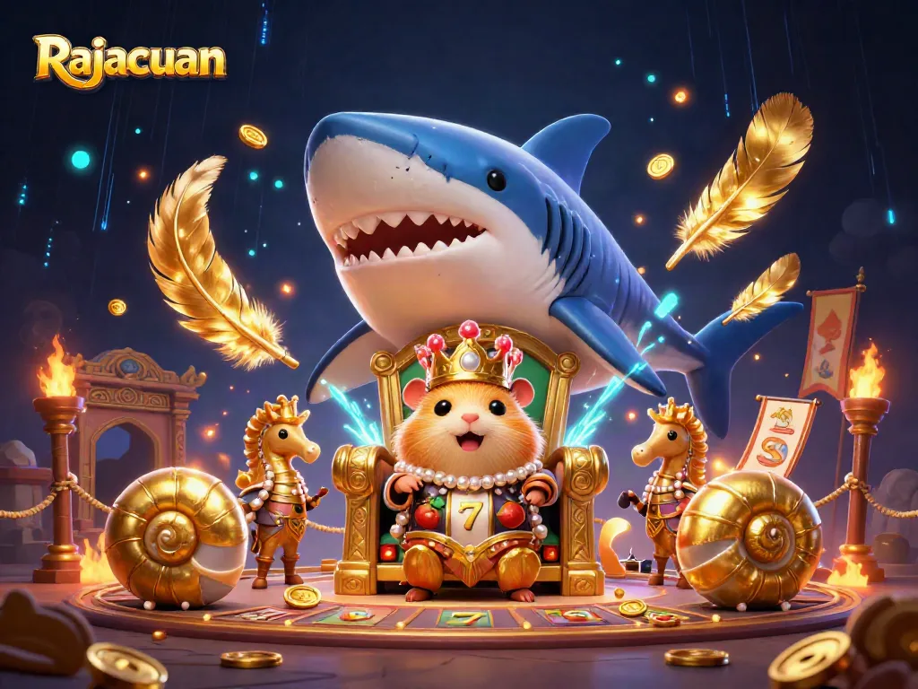 Engage with Rajacuan's vibrant slot gaming experience featuring a golden hamster king on a tooth throne.
