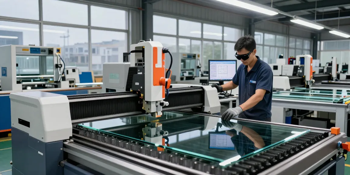 Technician using a glass cutting machine in a modern workshop environment