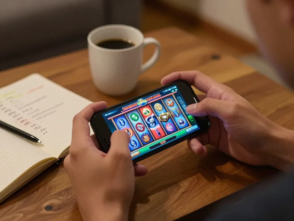 Engaging with the slot spaceman game on a smartphone in a cozy home setting, demonstrating mobile gambling excitement.
