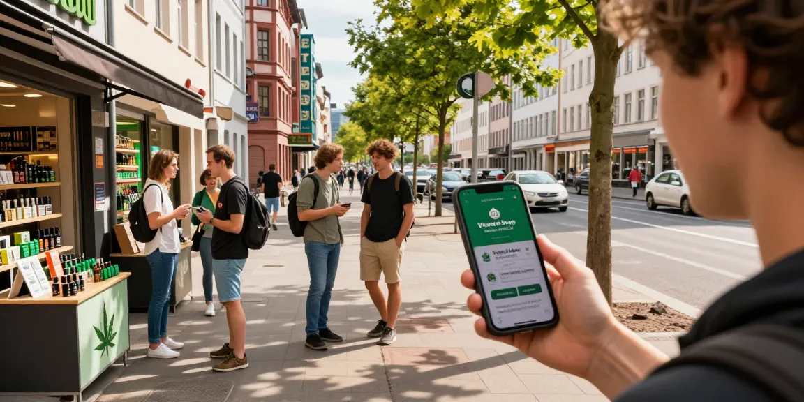 How To Buy Top Quality Marijuana In Frankfurt, Germany If You’re A Tourist? Scene of excited tourist exploring cannabis options with Weed Shop Deutschland website in vibrant Frankfurt.