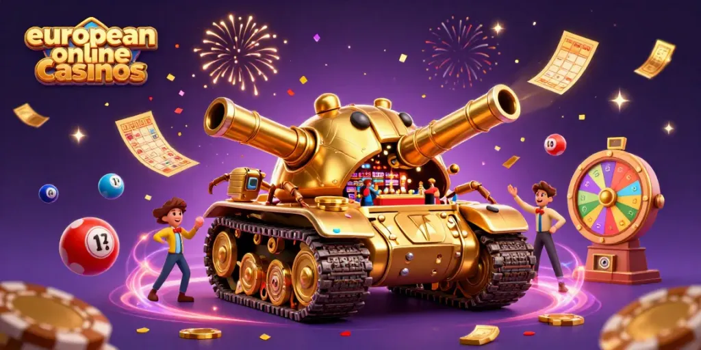 Engage with vibrant european online casinos illustration featuring a golden beetle tank casino bursting with excitement.