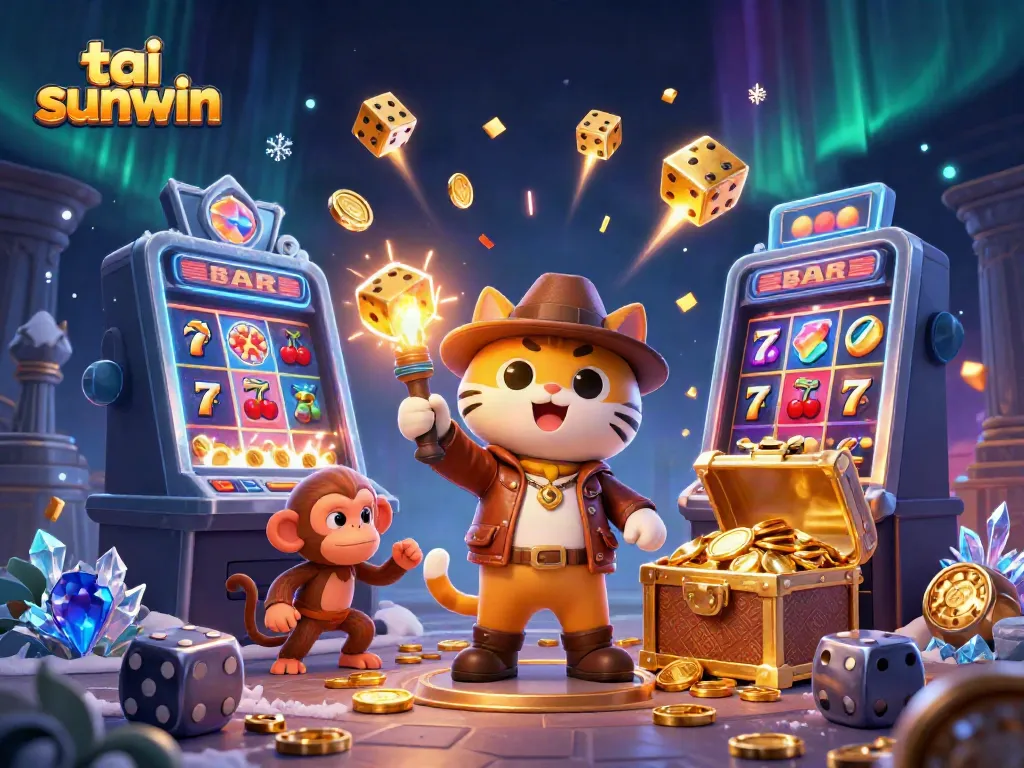 Experience the thrilling atmosphere of tai sunwin as an explorer cat discovers golden casino treasure in an ancient temple.