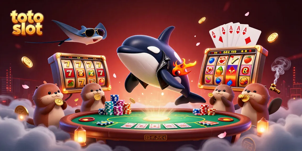Gambar toto slot dengan orca, ikan pari, dan berang-berang laut memegang koin emas di latar kasino.