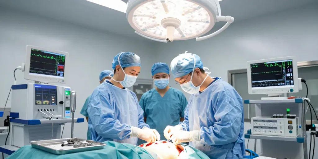 Chest surgery in Abu Dhabi during a skilled procedure at Cleveland Clinic, highlighting advanced medical care and teamwork.