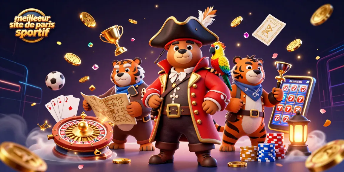 Illustration dynamique mettant en valeur le meilleur site de paris sportif avec un ours pirate et un tigre, jeux de société et trophées.