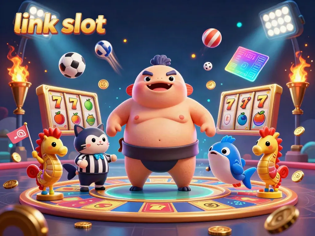 Fitur link slot dengan karakter unik dan elemen kasino dalam ilustrasi 3D.