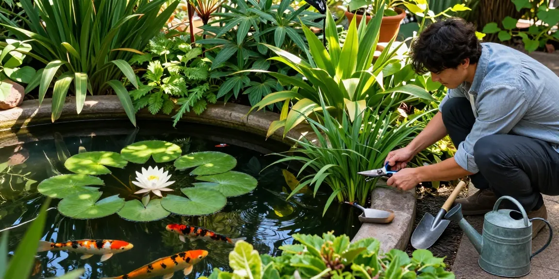 Pond Plants thriving in a serene garden pond, with a gardener tending to vibrant water lilies and koi fish.