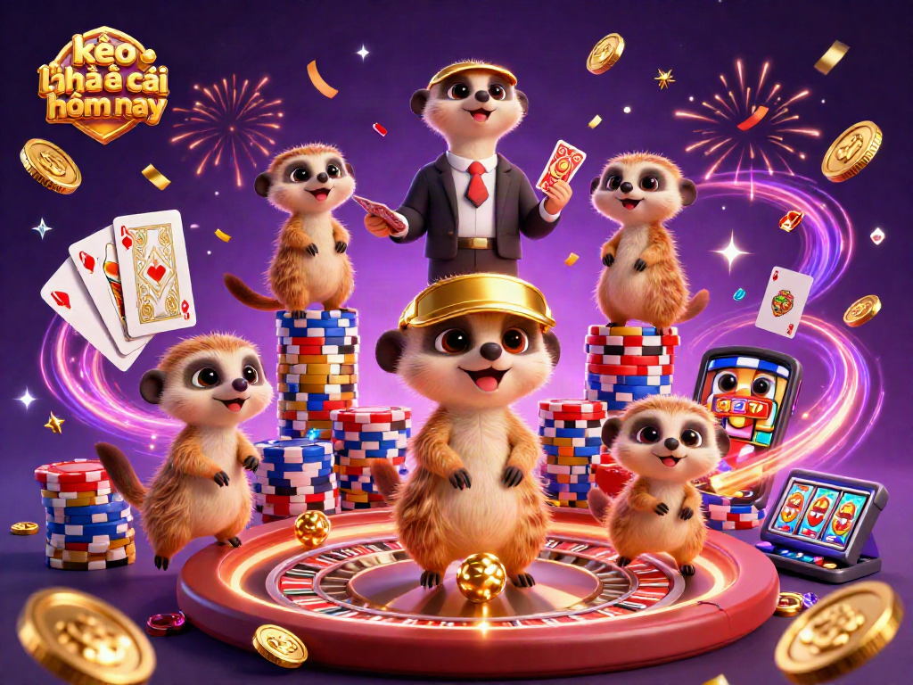 Experience the excitement of kèo nhà cái hôm nay with meerkats running a lively casino in a captivating 3D illustration.