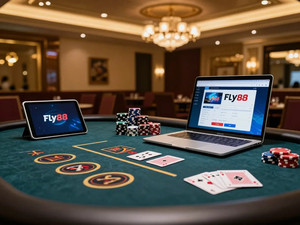 Fly88 online casino scene featuring immersive gameplay setup with laptop and poker cards