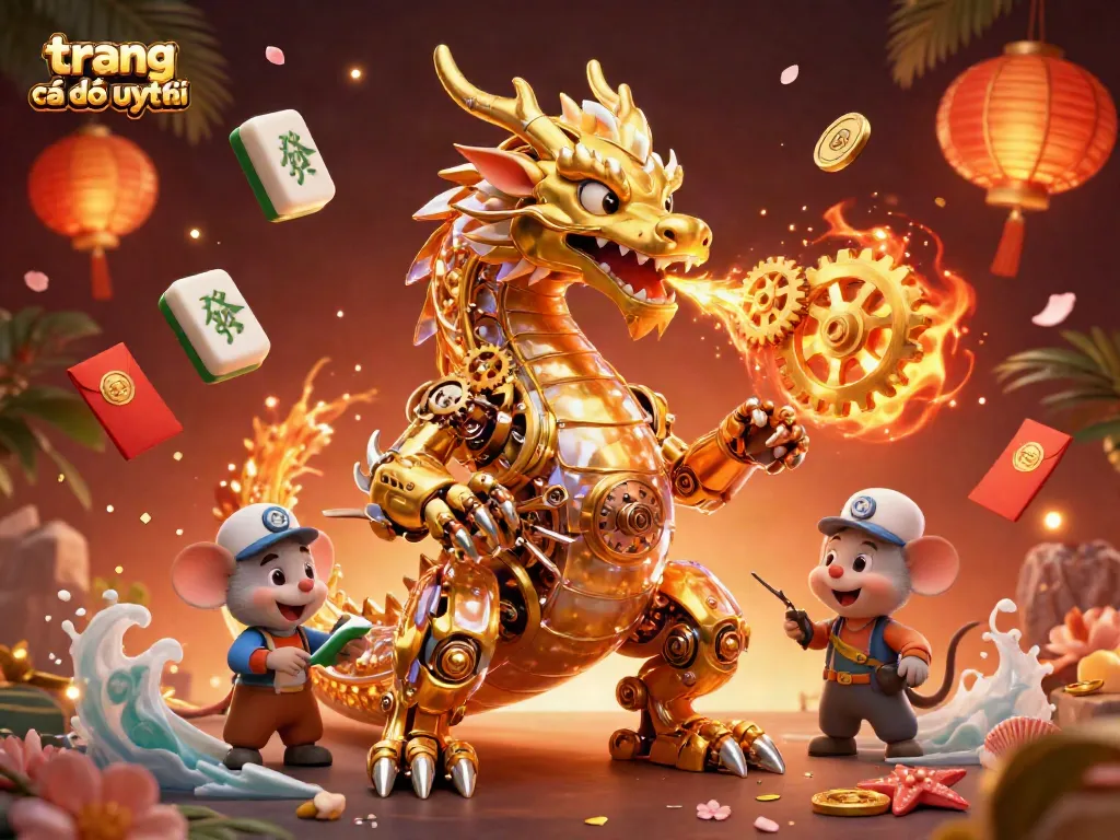 Trang cá độ uy tín nổi bật với rồng vàng 3D và các yếu tố may mắn.