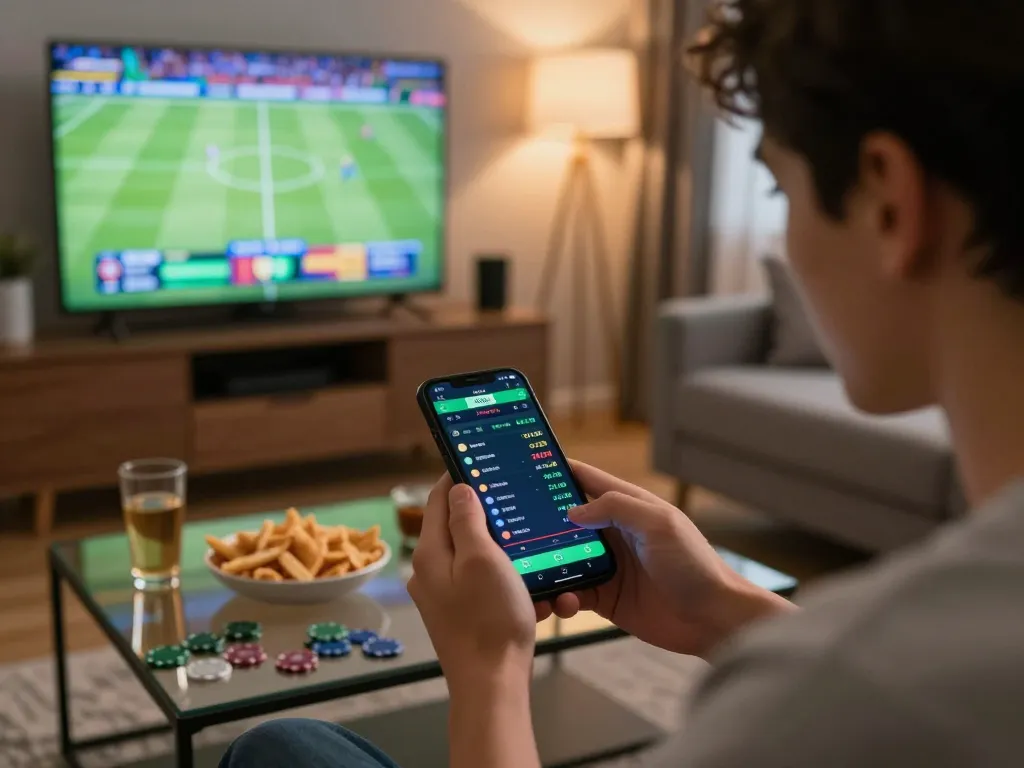 Engaging camera angle of NHÀ CÁI VUA88 user placing bets on sports app during a live game.