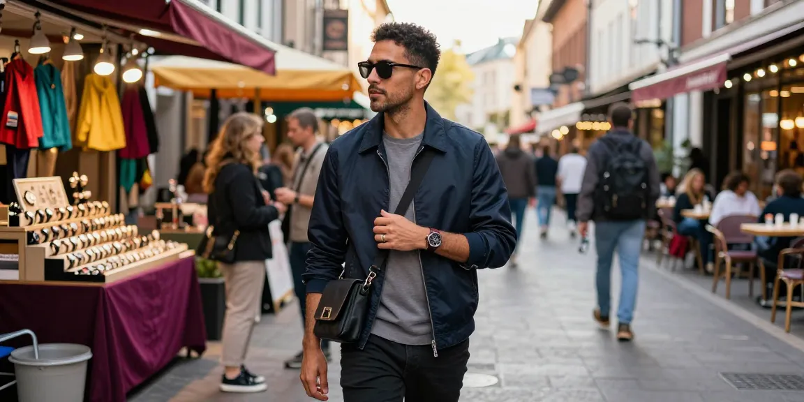 Fashionable man wearing a 시계 레플리카 in a vibrant urban market, showcasing style and confidence.