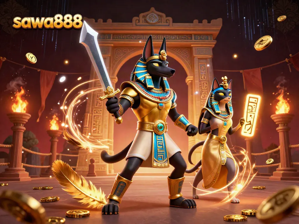 Engage in the thrilling world of sawa888 with Anubis and Bastet amidst an Egyptian-themed casino.