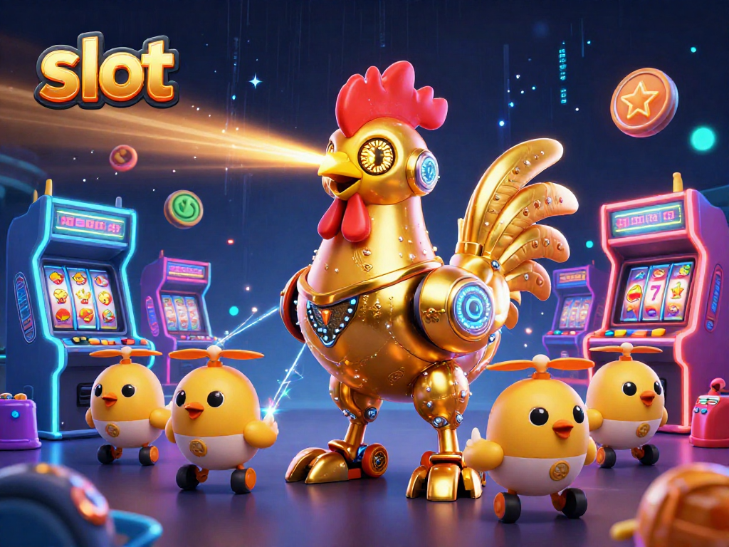 Slot online menarik dengan simbol buah dan robot ayam robotik yang memancarkan cahaya laser.