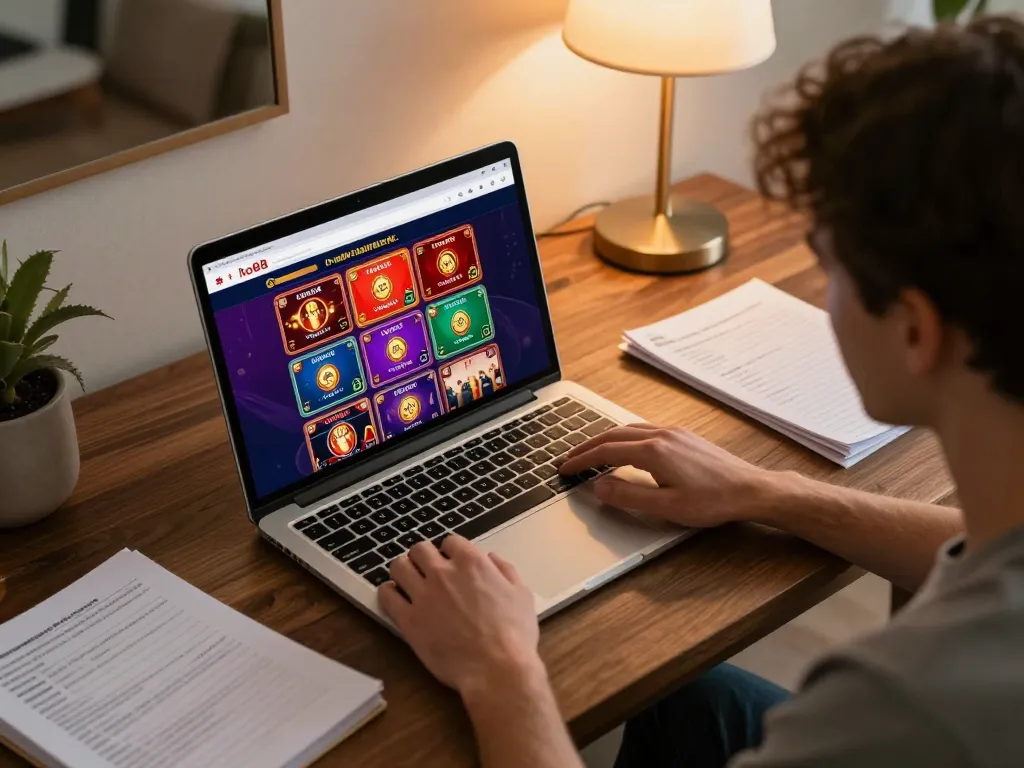 Engaging moment of online casino gameplay at ho88, featuring a laptop with vibrant game interface.