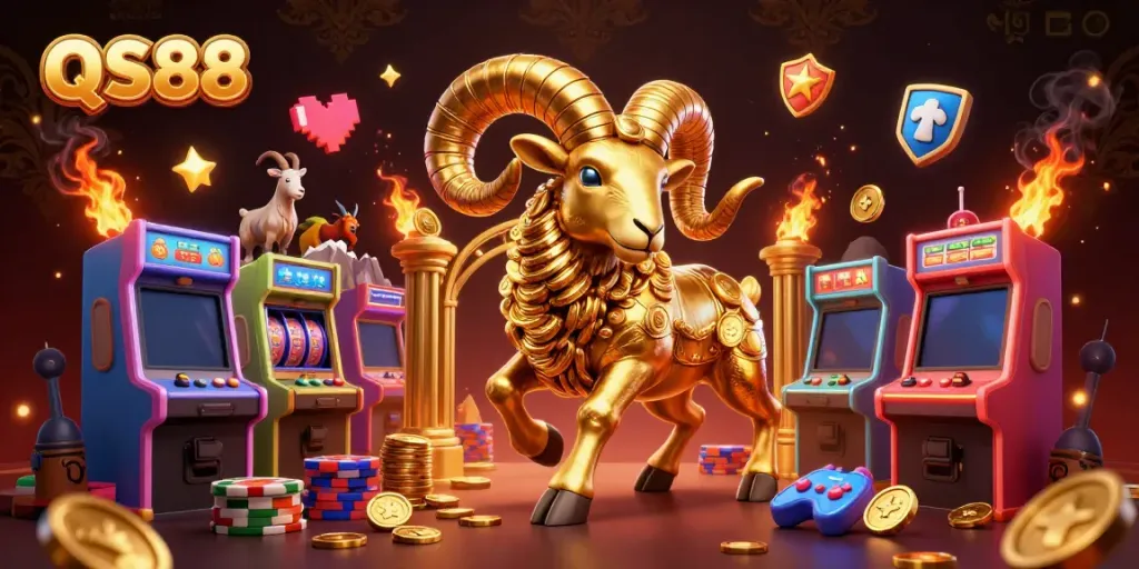 QS88 features a golden ram charging at a gate, surrounded by vibrant casino elements.
