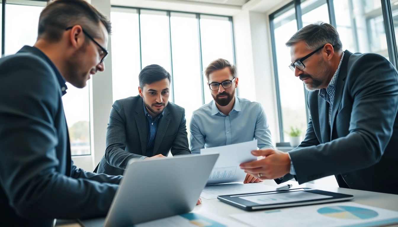 Business team discussing competitor pricing strategies in a modern office.