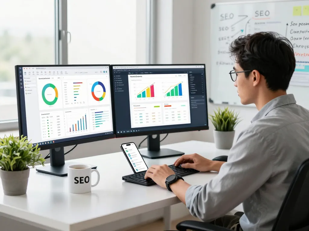 SEO expert utilizing group buy seo tools in a modern office with analytics and keyword research displayed
